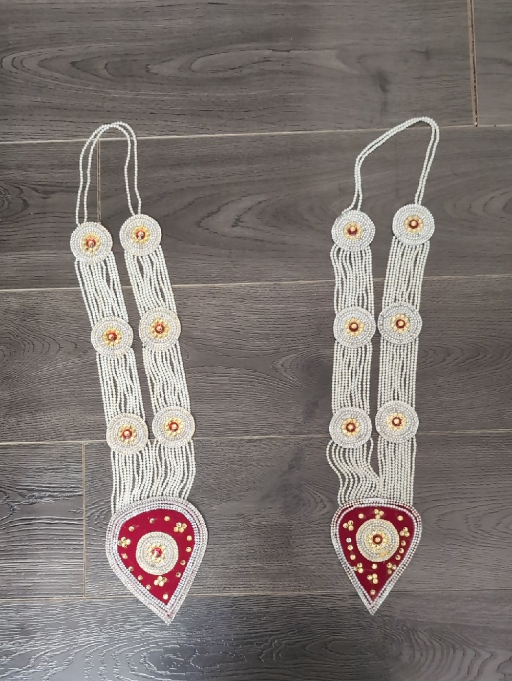 Handcrafted White Beaded Necklace with Red Pendant